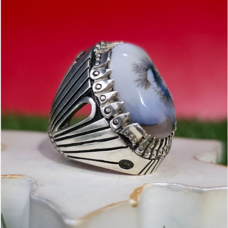 کد 2098 انگشتر نقره مردانه با نگین شجر و دست ساز